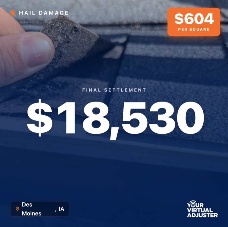 YVA claim result graphic showing an $18,530 final settlement in Des Moines, Iowa